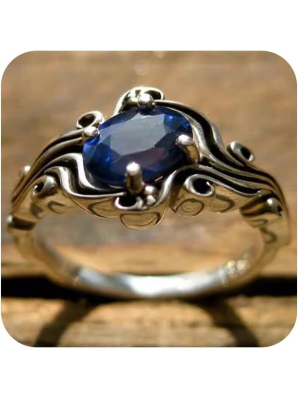 Vintage Oval Sapphire CZ Cocktail Ring - 925 Sterling Silver Eternity Band, Size